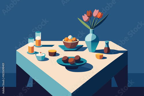 Stylized still life arrangement of food and flowers on a table with a deep blue background