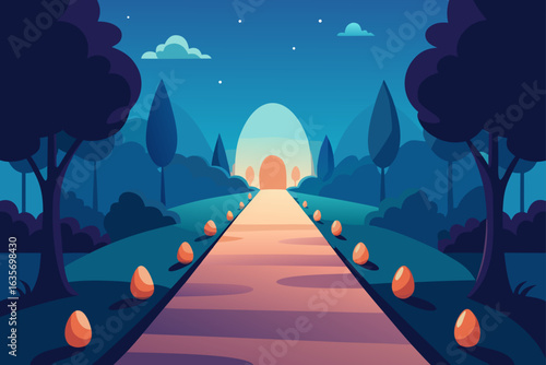 Enchanting path lined with glowing eggs leads to a mystical illuminated dome at twilight