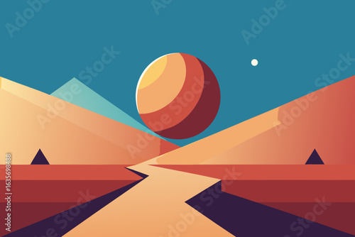 Vibrant minimalist landscape with a large orange sphere hovering over a geometric desert scene