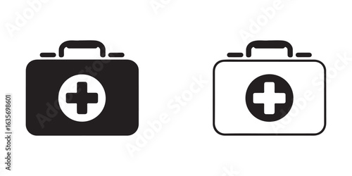 First aid kit icon set. Medical box symbol for emergency, health, and hospital care. Black and white vector illustration.