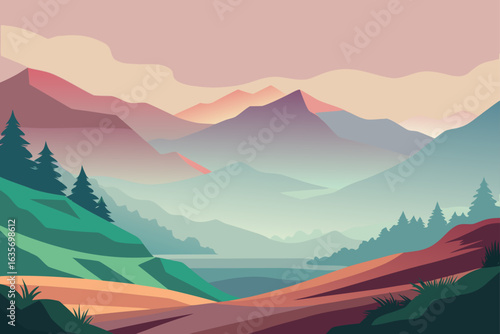 Layered Vector Valley Background With Dreamy Haze