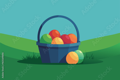 A blue basket overflowing with colorful easter eggs sits on a grassy hill under a clear blue sky