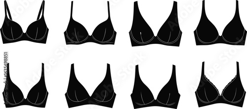 CAD drawing flat vector illustration of different bra styles, women's lingerie design templates, fashion technical sketch, apparel design mockup
