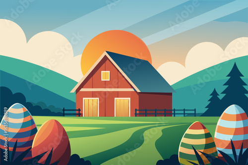 Festive easter eggs decorate a scenic countryside farm at sunrise with rolling hills and a red barn