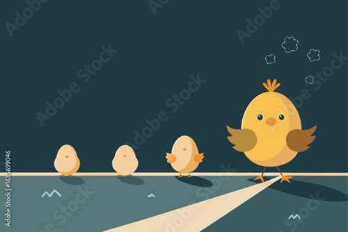 Cute cartoon chick stands out from a line of eggs and smaller chicks on a dark background