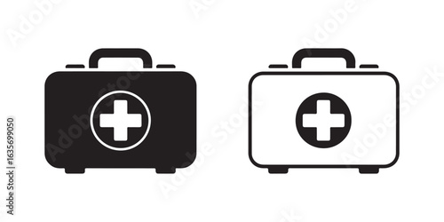 A first aid kit icon set in black and white solid and outline styles. Vector illustration of a medical emergency bag with a cross symbol for healthcare.