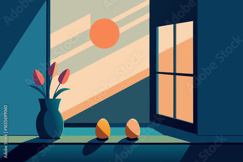 Minimalist flat design scene with tulips in a vase and eggs on a windowsill bathed in warm sunlight