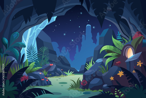 Night Cave Background With Wild Plants