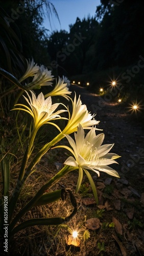 Night blooming cactus flowers illuminated by soft lights