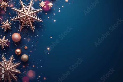 Luxury gold Christmas decorations on dark blue background. Xmas greeting card template, Happy New Year banner mockup in blue and pink cinematic style with copy space