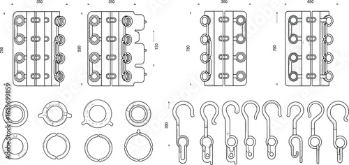 CAD drawing flat vector illustration of lingerie accessories, bra hook and eye closure, ring slider hook set, technical design