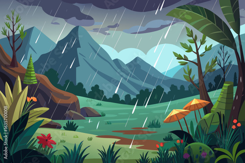 Rainy Valley Background With Wild Plants