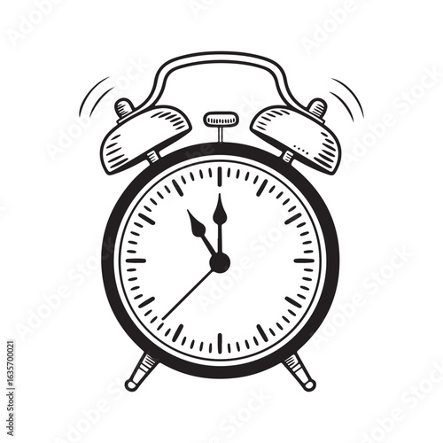 A hand-drawn sketch of a vintage twin-bell alarm clock ringing. A retro doodle illustration symbolizing a wakeup call, deadline, or time.