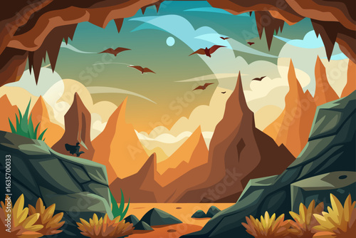 Seamless Cave Background With Birds Flying