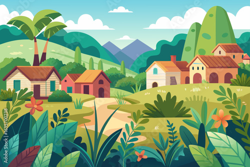 Seamless Village Background With Wild Plants