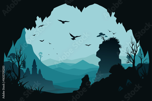 Silhouette Cave Background With Birds Flying