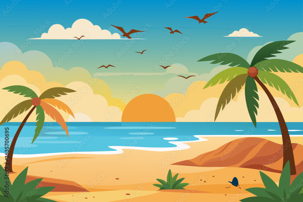 Obraz premium Spring Beach Background With Birds Flying