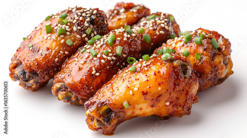 A delicious pile of sticky glazed chicken wings garnished with sesame seeds and fresh scallions.