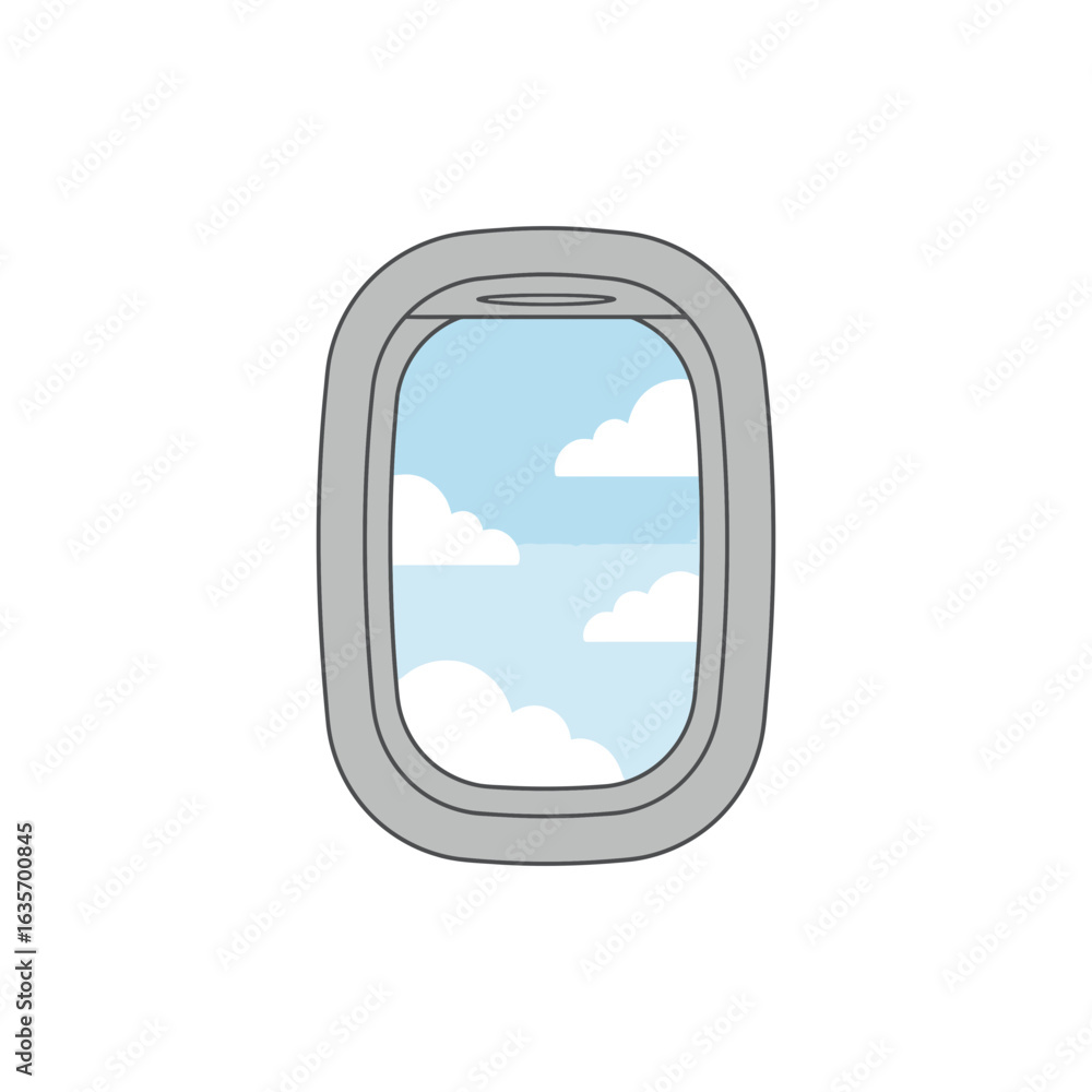 Fototapeta premium Colorful open airplane window with clouds travel sky icon with no white color