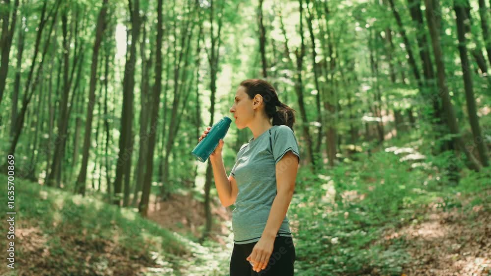 A woman pauses for a hydration break in a beautiful, vibrant green forest while engaging in outdoor exercise A woman pauses for a hydration break in a beautiful, vibrant green forest while engaging in outdoor exercise