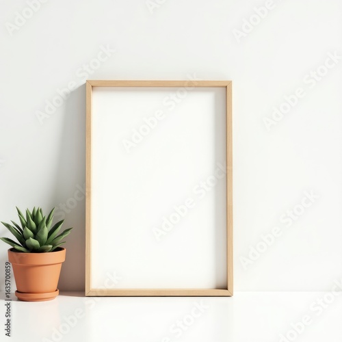 Frame mockup  a simple wooden frame with a blank white canvas and a small succulent plant on a white surface top