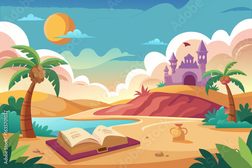 Storybook Illustration Oasis Background With Dreamy
