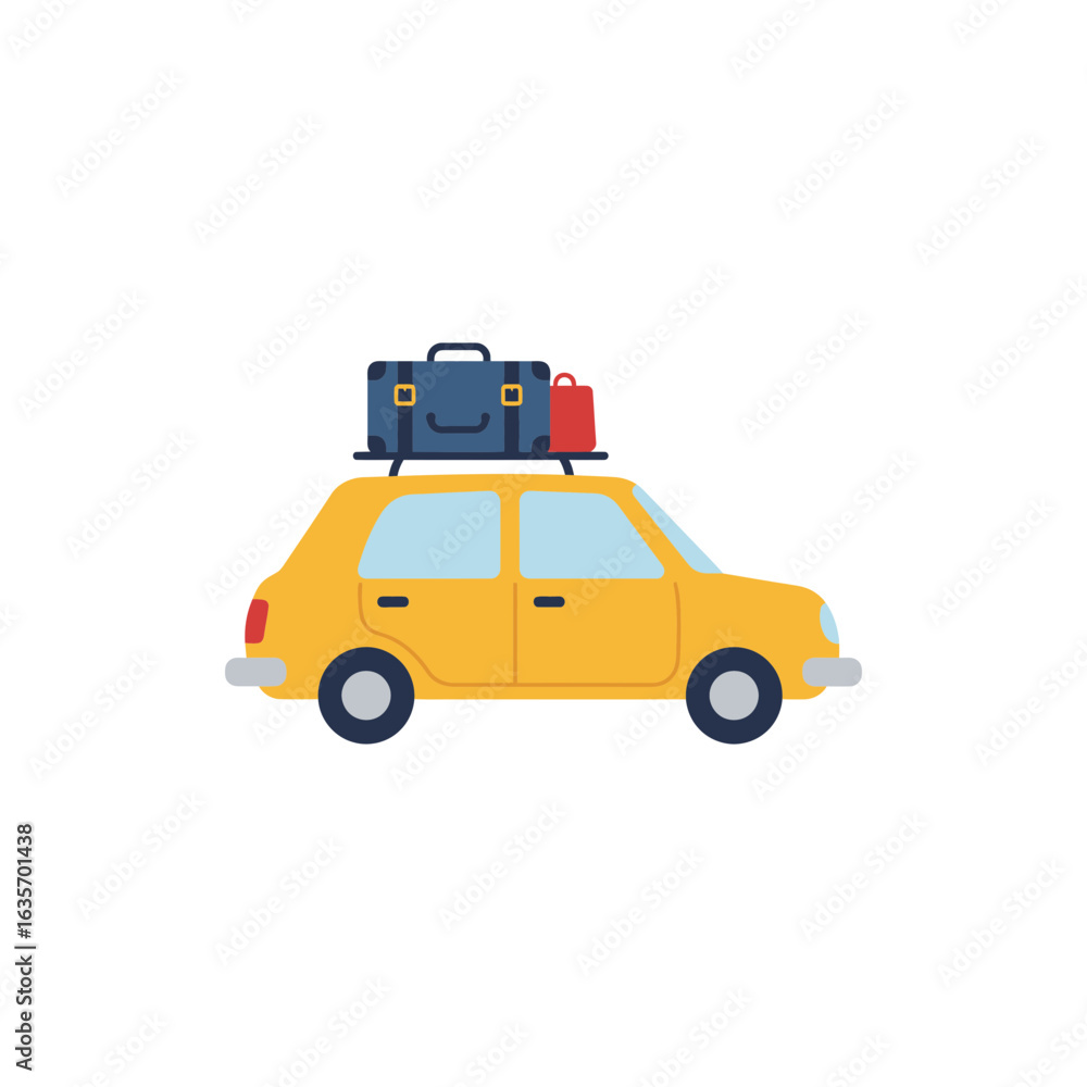 Naklejka premium Colorful road trip car with luggage on top icon for travel adventure and vacation with no white color