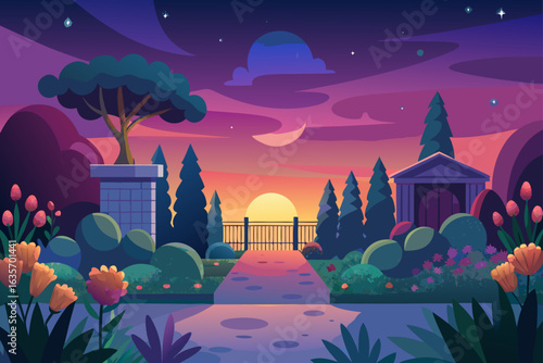 Sunset Garden Background With Starry Background
