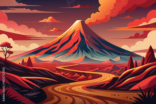 Vintage Landscape Volcano Background With Motion Inspired