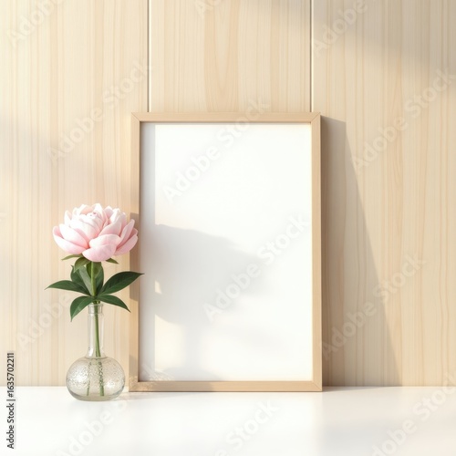 Frame mockup  a blank frame stands next to a vase with pink flowers against a light wood panel background wall art