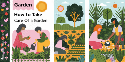 People tending to a vibrant garden with colorful flowers and plants