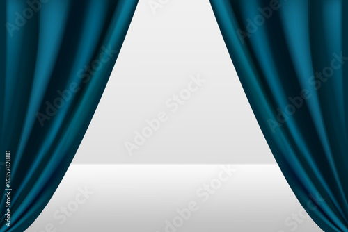 Blue silk or velvet curtains for theater stage or window decoration. Realistic vector 3d illustration.