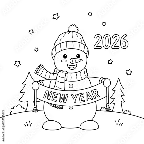 Happy Snowman 2026 New Year Banner;  Cute Cartoon Line Art;  Winter Holiday Coloring Page Illustration