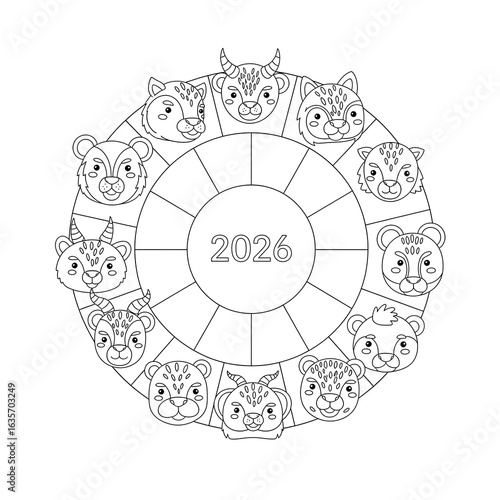 2026 Chinese Zodiac Wheel: Cute Cartoon Animal Faces, Black and White Line Art, Coloring Page Design.