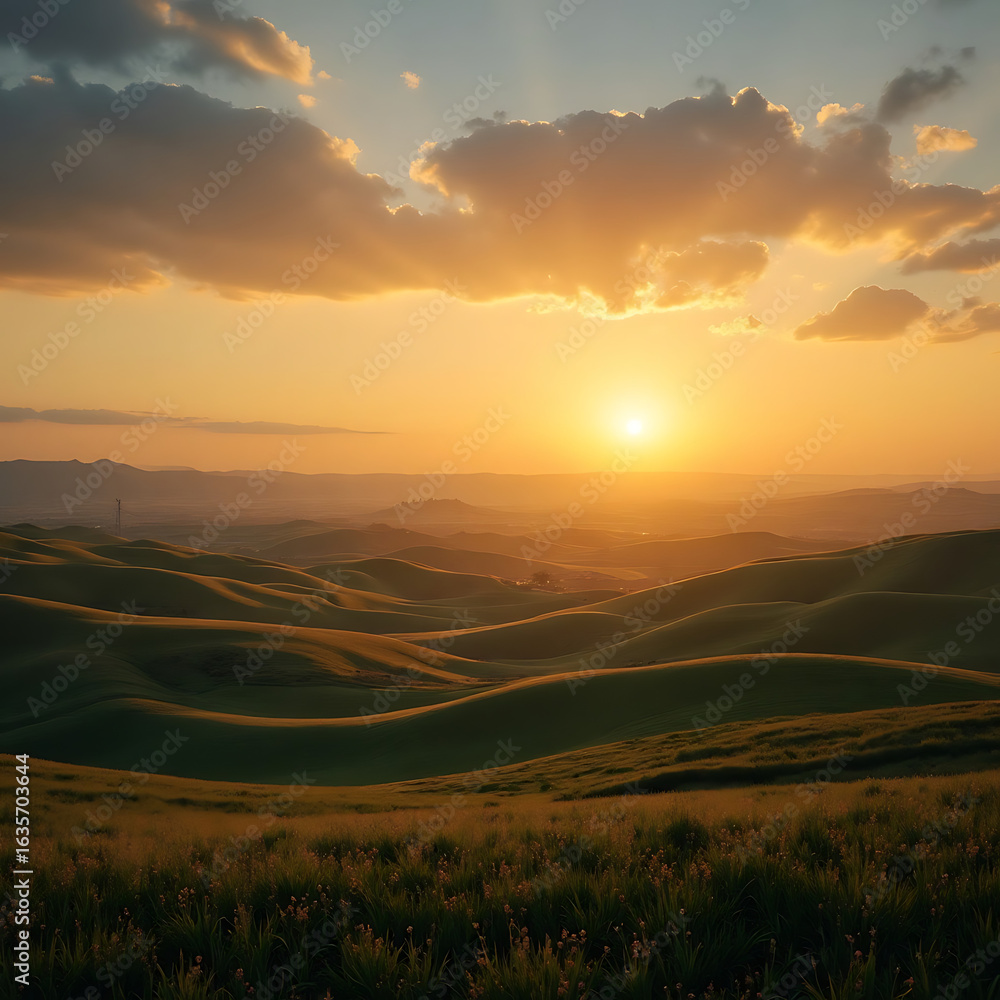 Obraz premium Stunning Tuscany landscape at sunset with rolling hills and warm, golden light