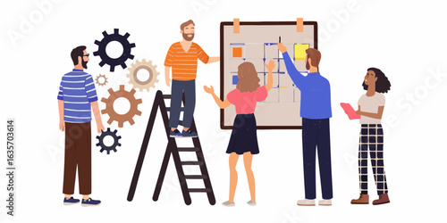 Team collaborating on a project with gears and a planning board