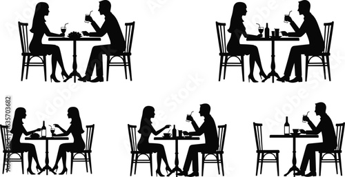 Couple dining silhouette set, man and woman at table, romantic dinner vector, conversation pose, restaurant scene clipart, black icons, tableware details