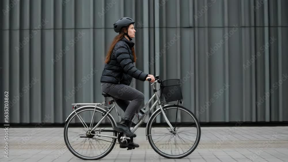 Young woman wearing a helmet and winter jacket rides a bicycle down a city street with a modern building in the background Young woman wearing a helmet and winter jacket rides a bicycle down a city street with a modern building in the background