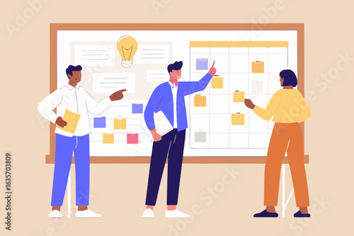 Team collaborating on a project board with sticky notes