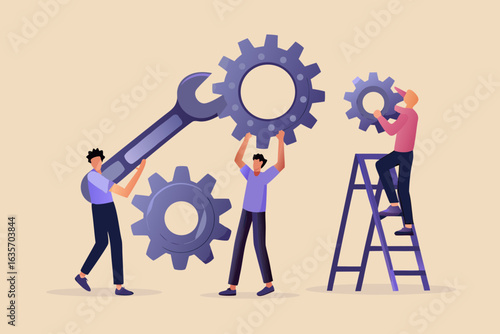 Teamwork and collaboration installing gears with tools and ladder