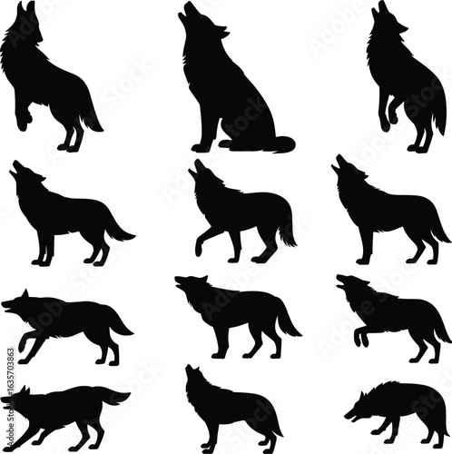 Wolf silhouette set, howling wolf vector, wild animal clipart, coyote illustration, wildlife graphic design, forest predator art bundle