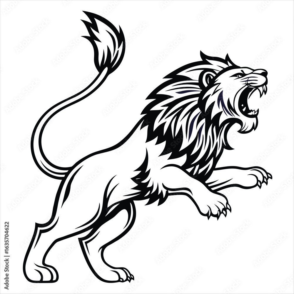 Obraz premium Stylized white lion roaring and pouncing on a black background