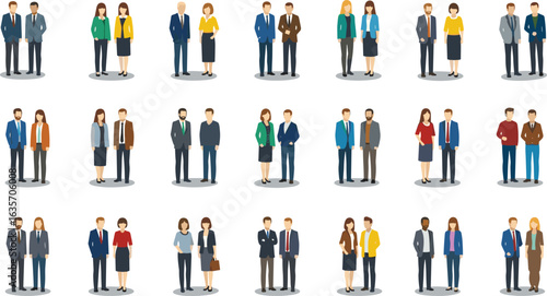 Diverse business professionals, flat vector illustration, teamwork concept, corporate attire, office collaboration, multicultural team,