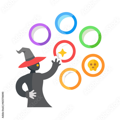 A dark wizard is casting spells with rings isolated on white background