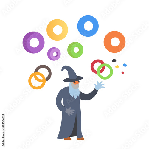 A wizard is juggling colorful rings isolated on white background