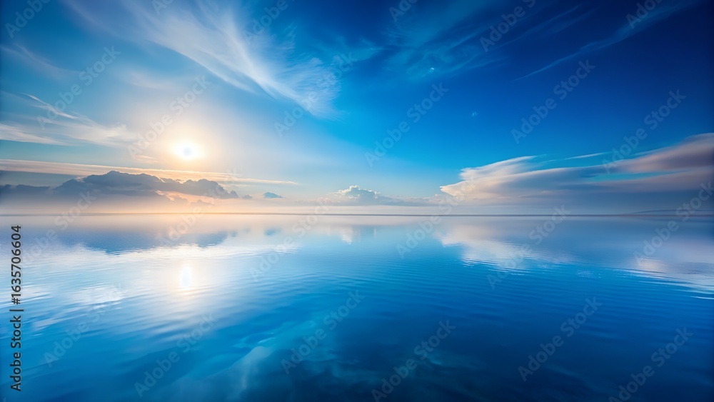 Obraz premium Serene Sunrise over Calm Ocean: Vibrant Blue Sky, Peaceful Mood, Water Reflection