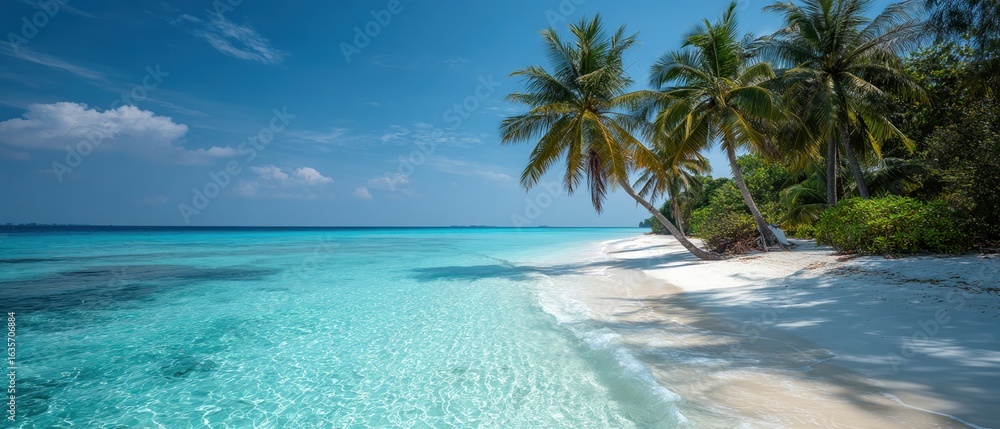 Fototapeta premium Serene Tropical Beach with Clear Turquoise Water and Lush Palm Trees Under a Bright Blue Sky and White Clouds in a Picturesque Coastal Setting