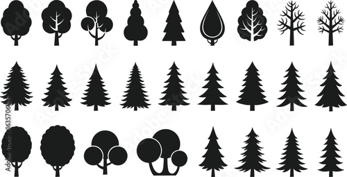 Flat vector illustration of various tree silhouettes, pine trees, deciduous tree icons, forest elements for design, landscape graphics, nature decoration, and environment projects