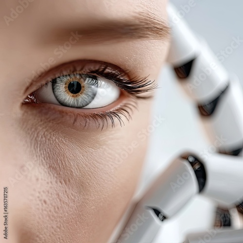 Close-Up of a Robotic Eye and Human Skin
