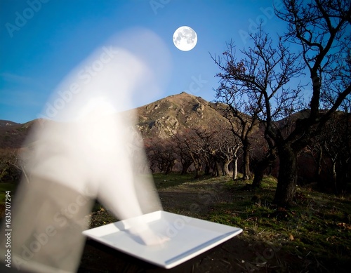A figure blurred on a tray, moonlit scene